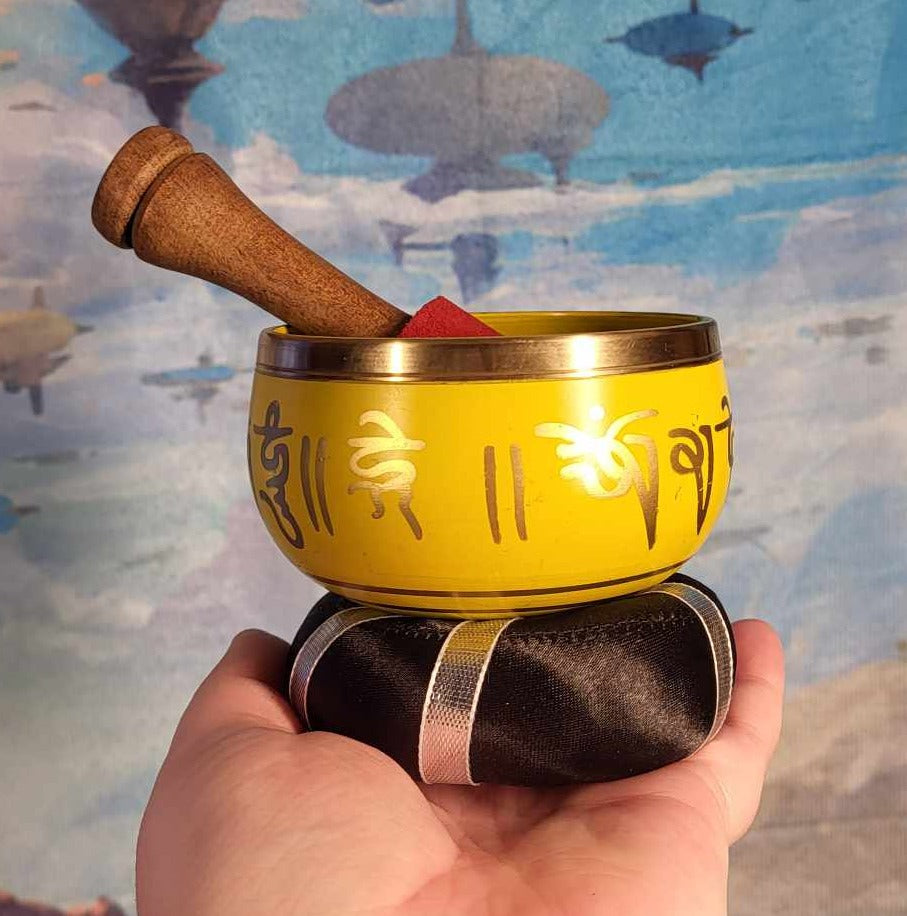 Small Yellow Singing Bowl with Pillow and Mallet