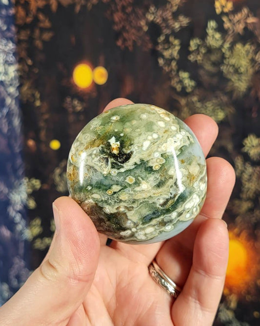 Green Orbicular Ocean Jasper Palm Stone