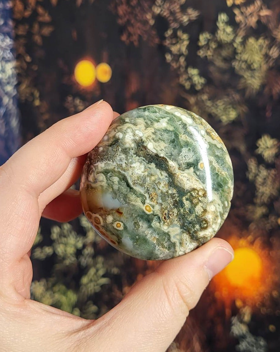 Green Orbicular Ocean Jasper Palm Stone