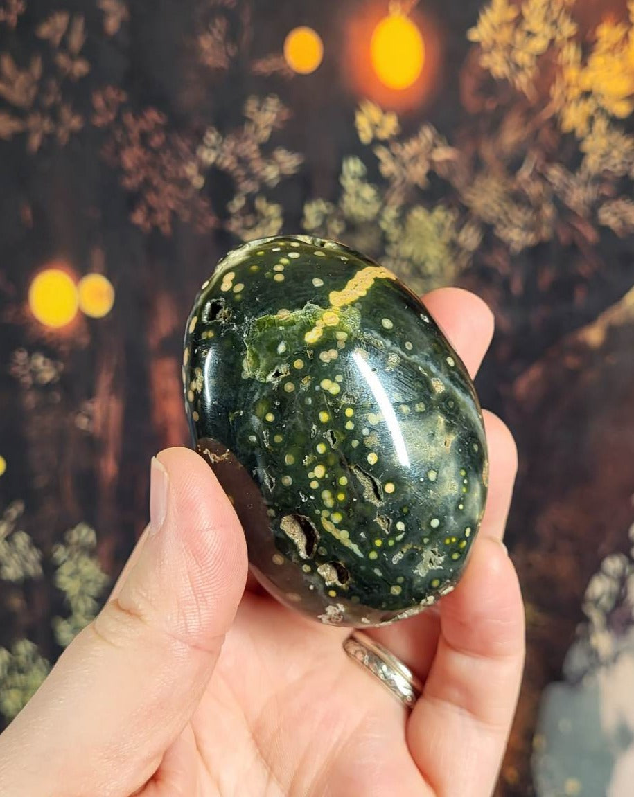 Green & Yellow Orbicular Ocean Jasper Palm Stone